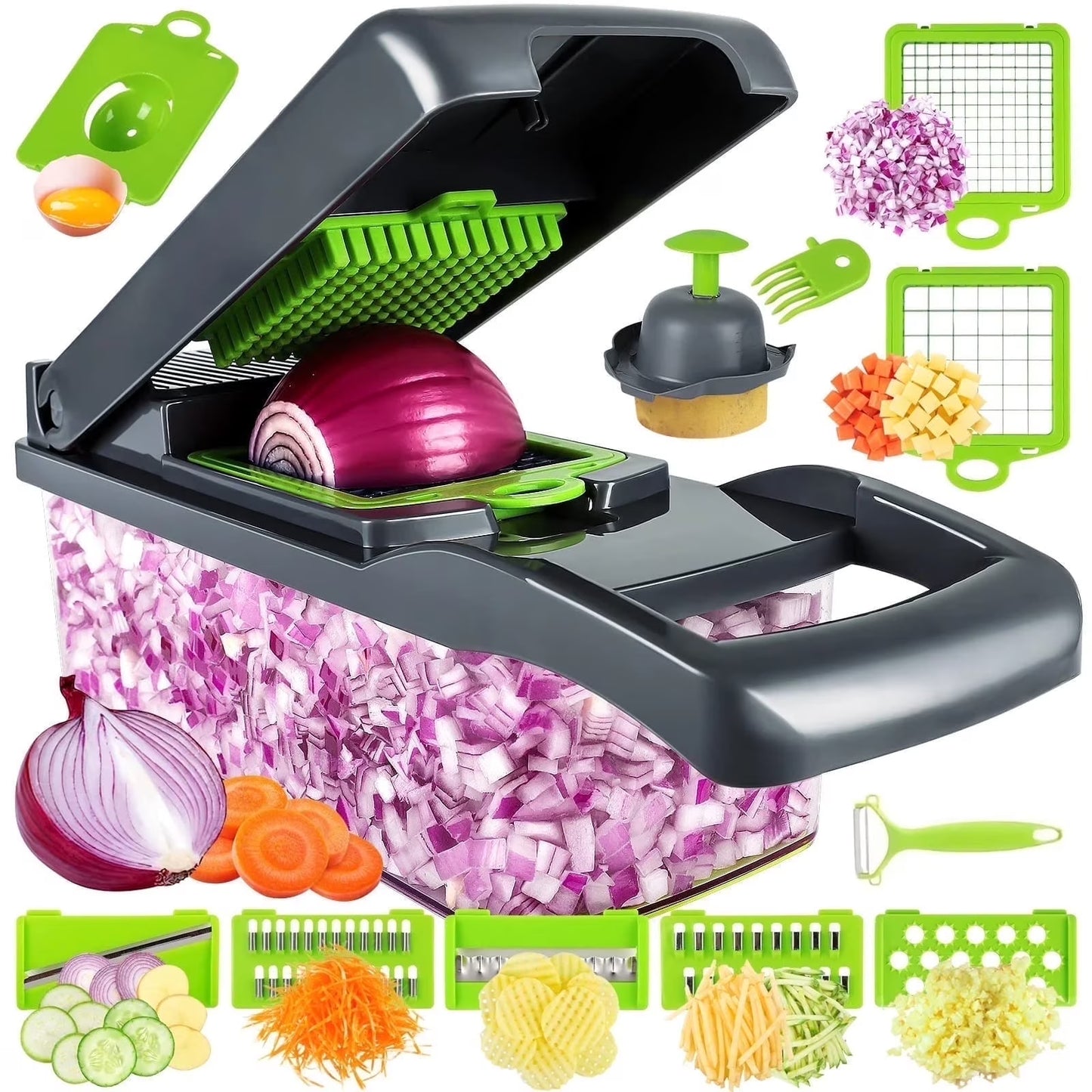 16-in-1 Multi-Functional Vegetable Dicer, Slicer, Shredder, and Chopper with Stainless Steel Blades
