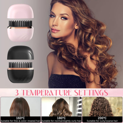 Mini Hair Straightener,Cordless&Rechargeable Portable Hair Straightener Brush with 3 Temperature Setting,Portable Electric Hair Brush 30S Heating,Mini Straightening Brush for Home & Travel (Black)